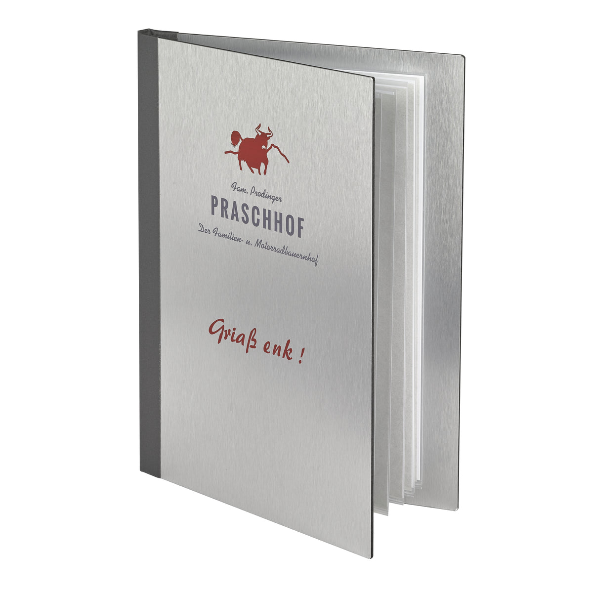 Infomappe aus Alu im Format A4, mit UV Druck und Buchleinen Rücken. 
Von Reischl Speisekarten, Manufaktur und Hersteller für Gastronomie seit 1891.