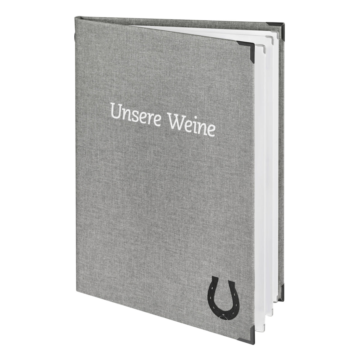 Weinkarte in Buchleinen Basalt A4, mit Prägung auf der Vorderseite.
Von Reischl Speisekarten, Manufaktur und Hersteller für Gastronomie seit 1891.