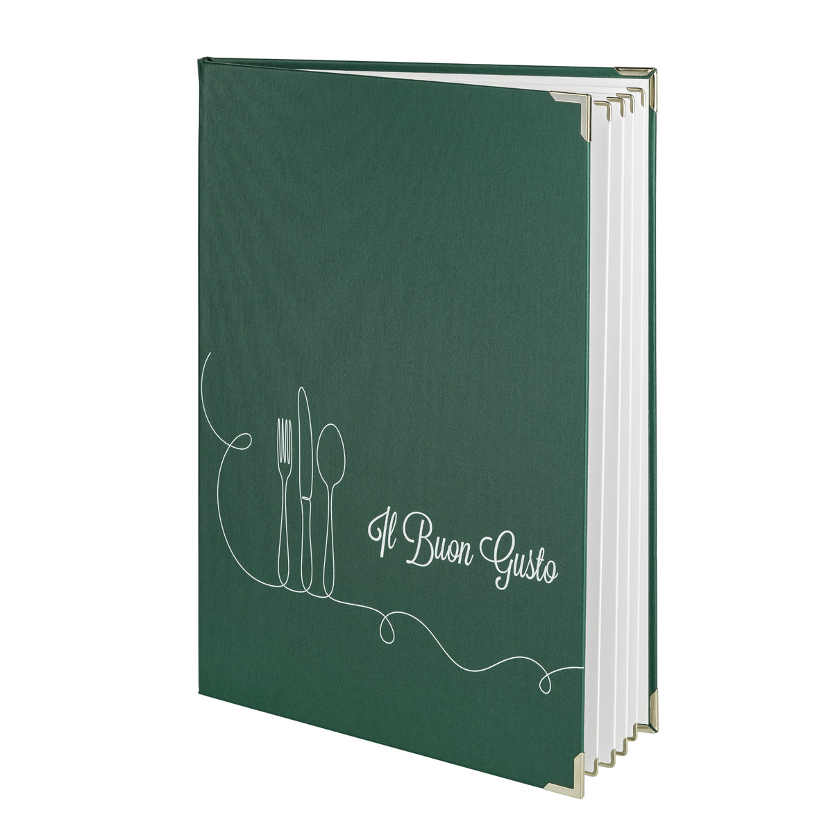 Speisekarte aus Buchleinen Dunkelgrün in A4 mit weißem UV Druck auf der Front. Von Reischl Speisekarten, Manufaktur und Hersteller für Gastronomie seit 1891.
