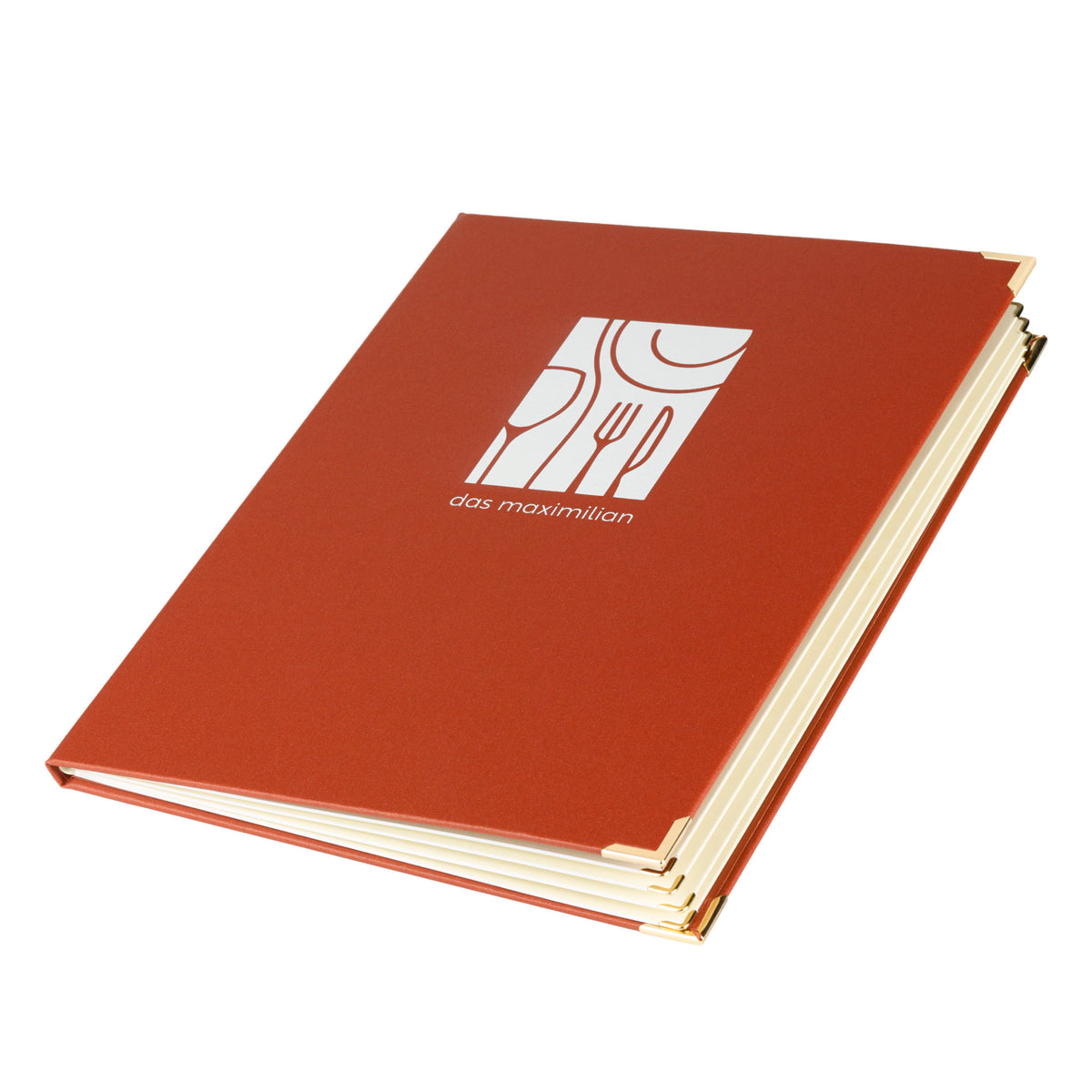 Speisekarte aus Buchleinen Ziege in A4, mit UV Druck auf der Vorderseite. Von Reischl Speisekarten, Manufaktur und Hersteller für Gastronomie seit 1891.
