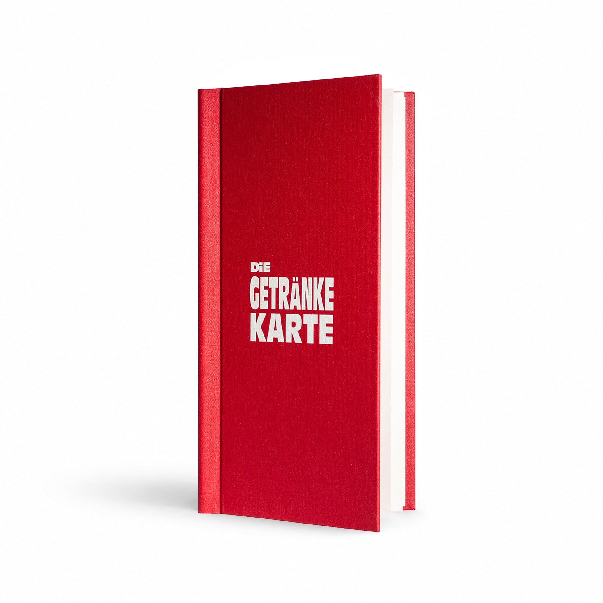 Getränkekarte aus Buchleinen in der Farbe rot im Format A4 schmal mit weißem UV-Druck auf der Vorderseite