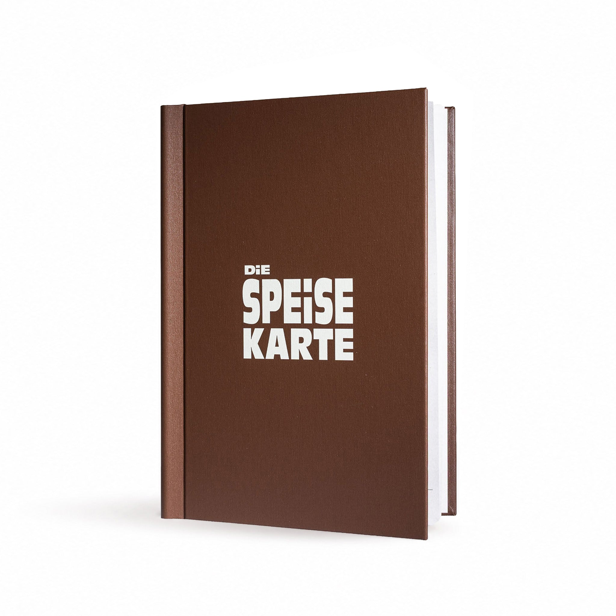 Speisekarte aus Buchleinen in der Farbe braun im Format A4 mit weißem UV-Druck auf der Vorderseite