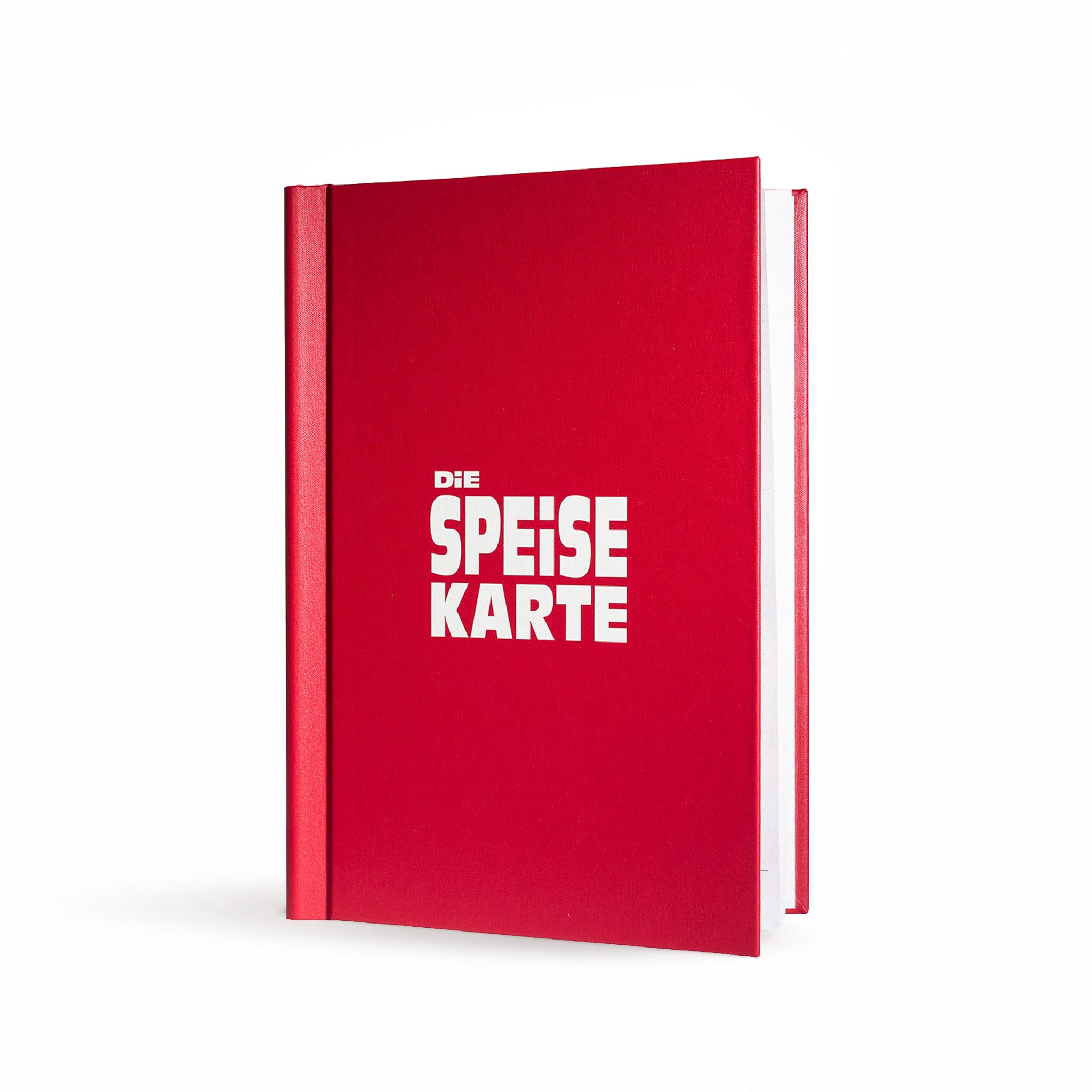 Speisekarte aus Buchleinen in der Farbe rot im Format A4 mit weißem UV-Druck auf der Vorderseite