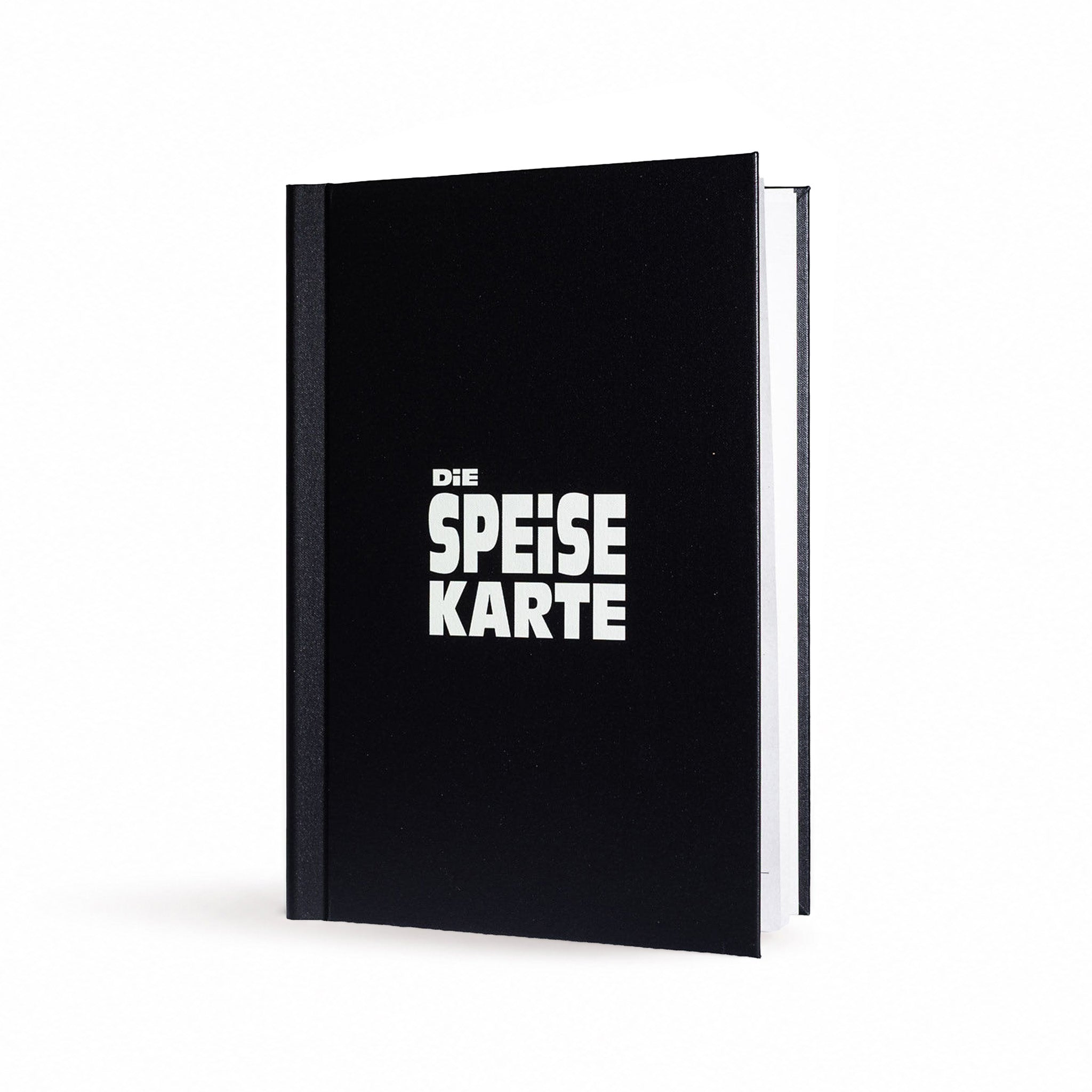 Speisekarte aus Buchleinen in der Farbe schwarz im Format A4 mit weißem UV-Druck auf der Vorderseite