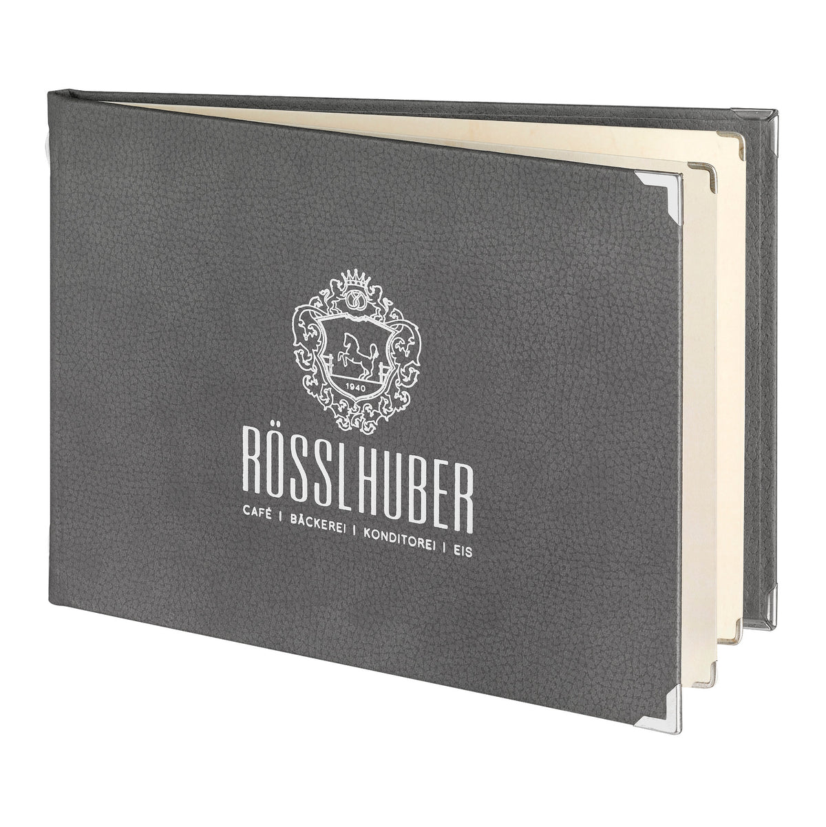 Getränkekarte in Emotion Kunstleder in A5quer mit Prägung. Von Reischl Speisekarten, Manufaktur und Hersteller für Gastronomie seit 1891.