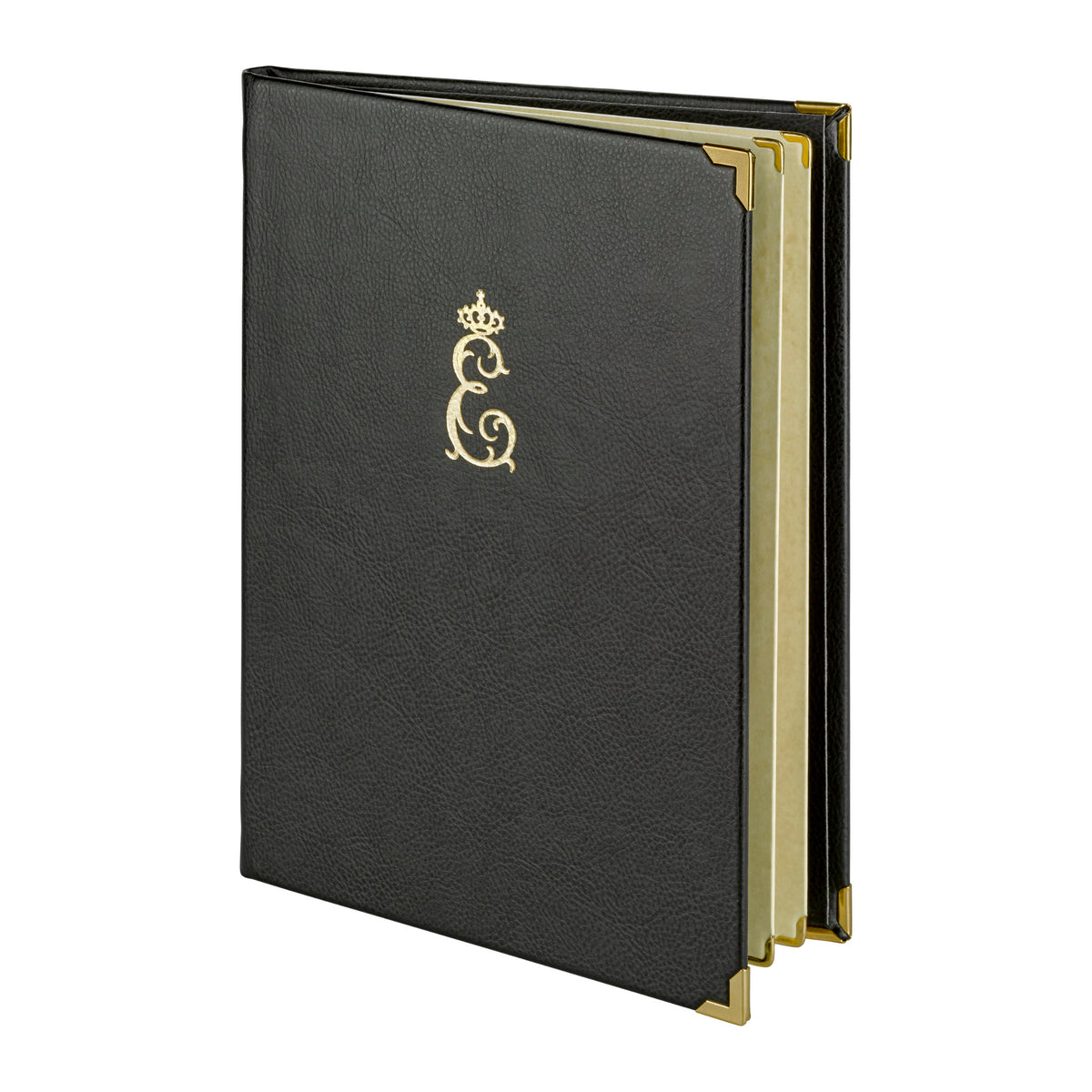 Speisekarte A5 aus Emotion Kunstleder Nero, mit goldener Prägung. Von Reischl Speisekarten, Manufaktur und Hersteller für Gastronomie seit 1891.