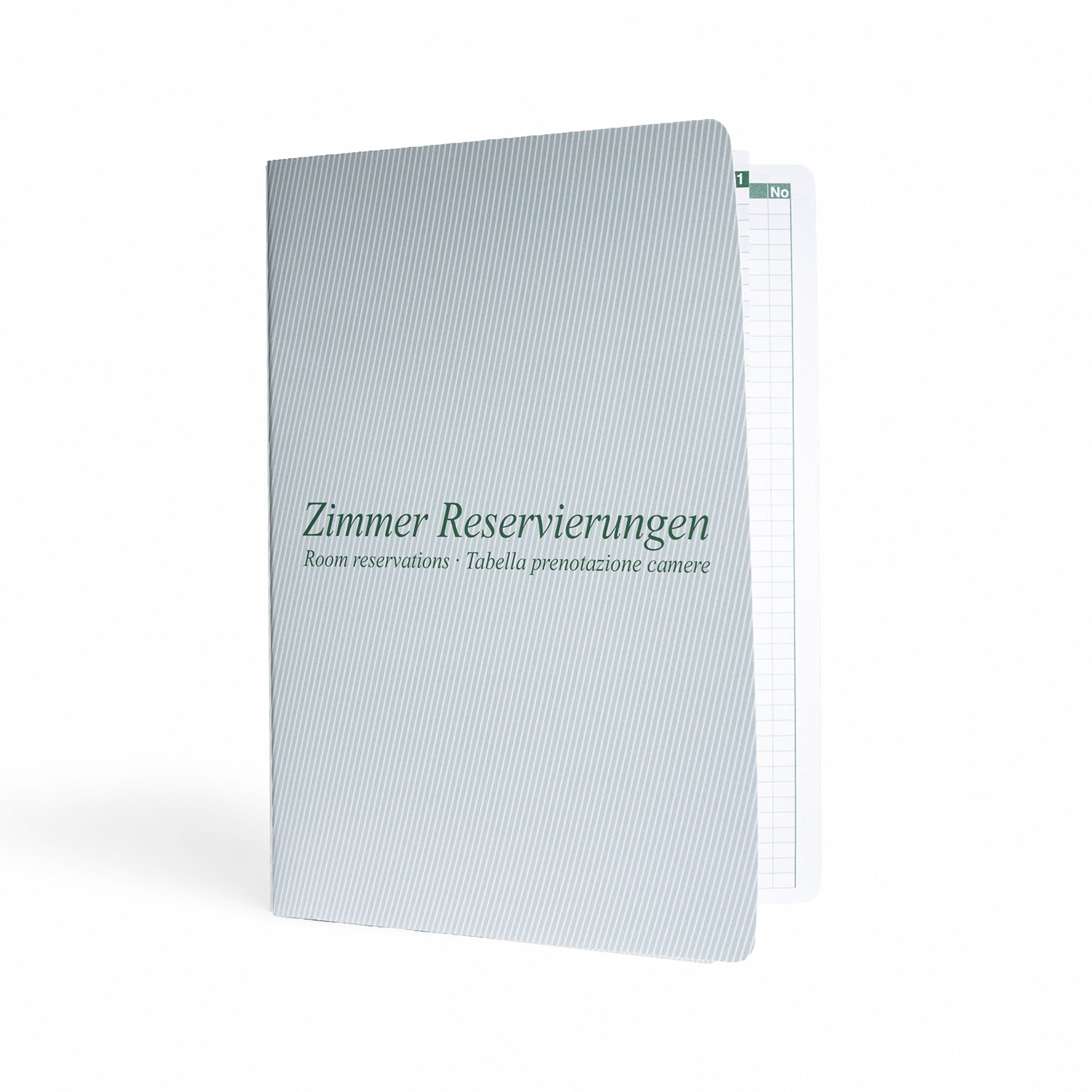 Gästebuch aus Buchleinen im Format A4 mit hellblau gestreiftem Einband und dem Aufdruck "Zimmer Reservierungen"