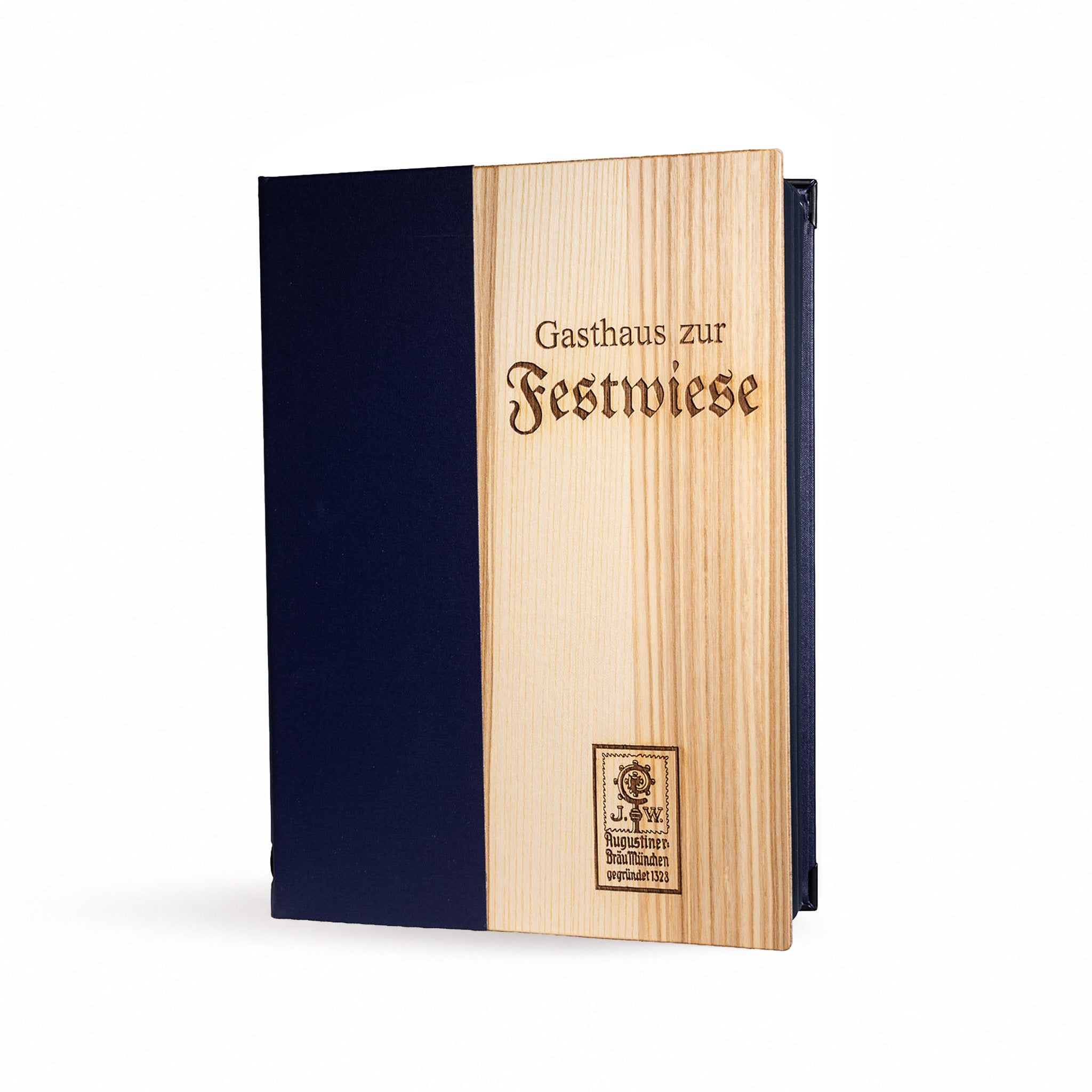 Speisekarte aus Holz und Buchleinen in der Farbe Dunkelblau mit Lasergravur
