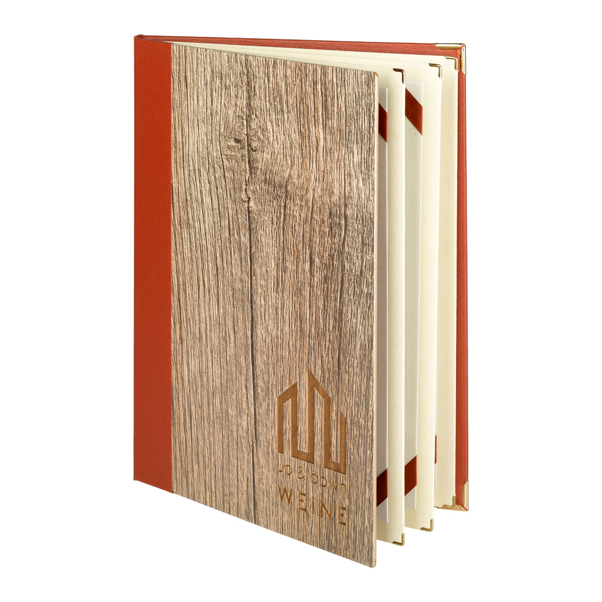 Weinkarte Holz A4 mit Woodart Druck und Lasergravur. Von Reischl Speisekarten, Manufaktur und Hersteller für Gastronomie seit 1891.