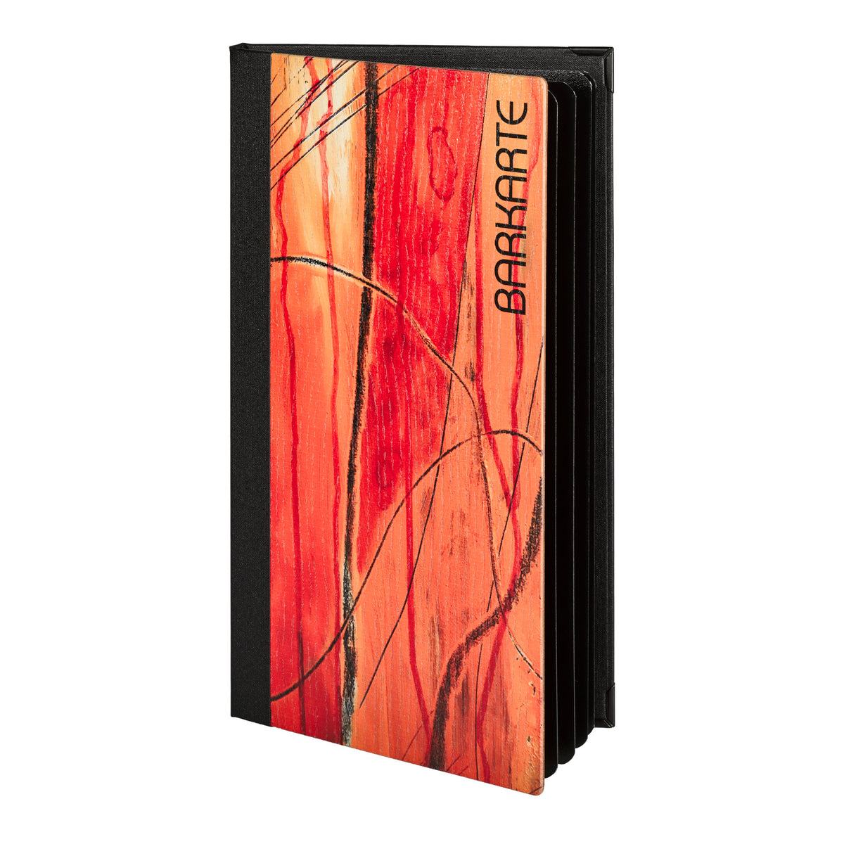 Barkarte in A4schmal aus Holz mit Woodart Druck eines Kunstmotivs. Von Reischl Speisekarten, Manufaktur und Hersteller für Gastronomie seit 1891.