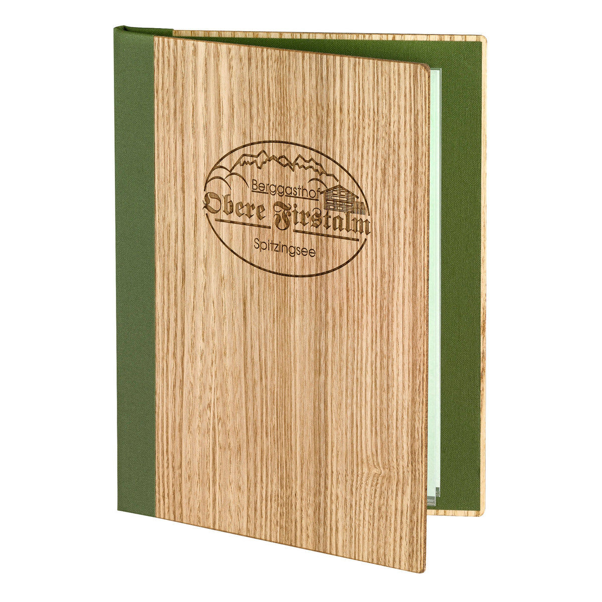 Speisekarte Holz mittelbraun geölt A5 mit Lasergravur. Von Reischl Speisekarten, Manufaktur und Hersteller für Gastronomie seit 1891.