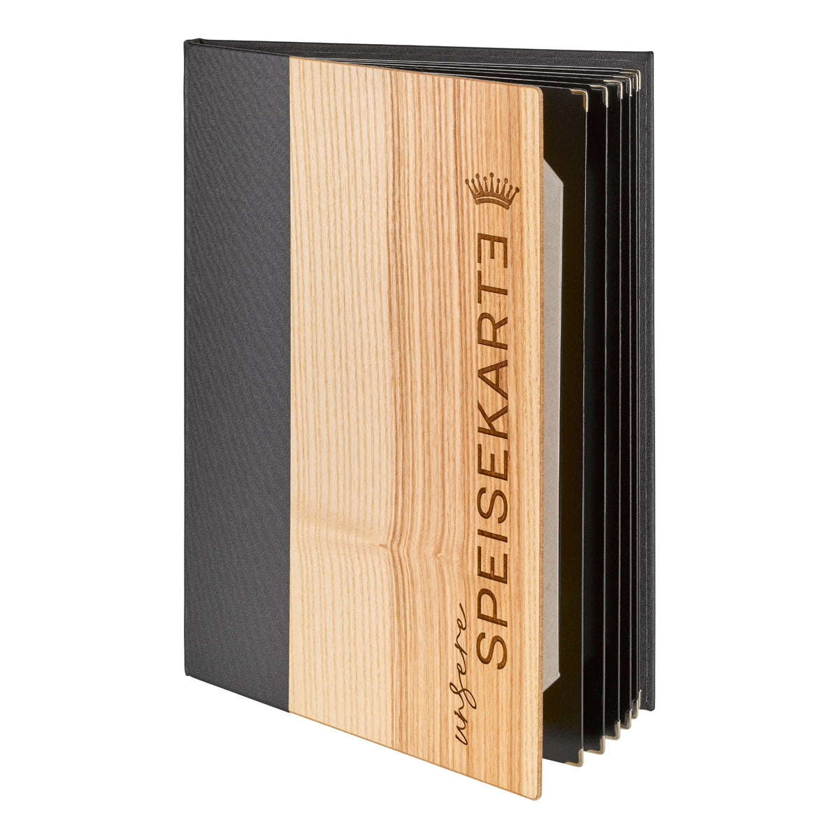 Speisekarte Holz hell geölt A4 mit breitem Buchleinenrücken und Lasergravur. Von Reischl Speisekarten, Manufaktur und Hersteller für Gastronomie seit 1891.