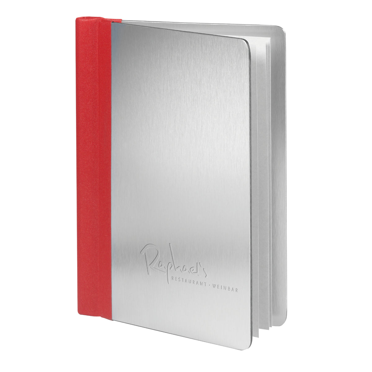 Barkarte - Klemmkarte  aus Aluminium im Format A5 mit Blindprägung und Buchleinen Rücken. 
Barkarte aus Aluminium im Format A5 mit Blindprägung und Buchleinen Rücken. 
Von Reischl Speisekarten, Manufaktur und Hersteller für Gastronomie seit 1891.