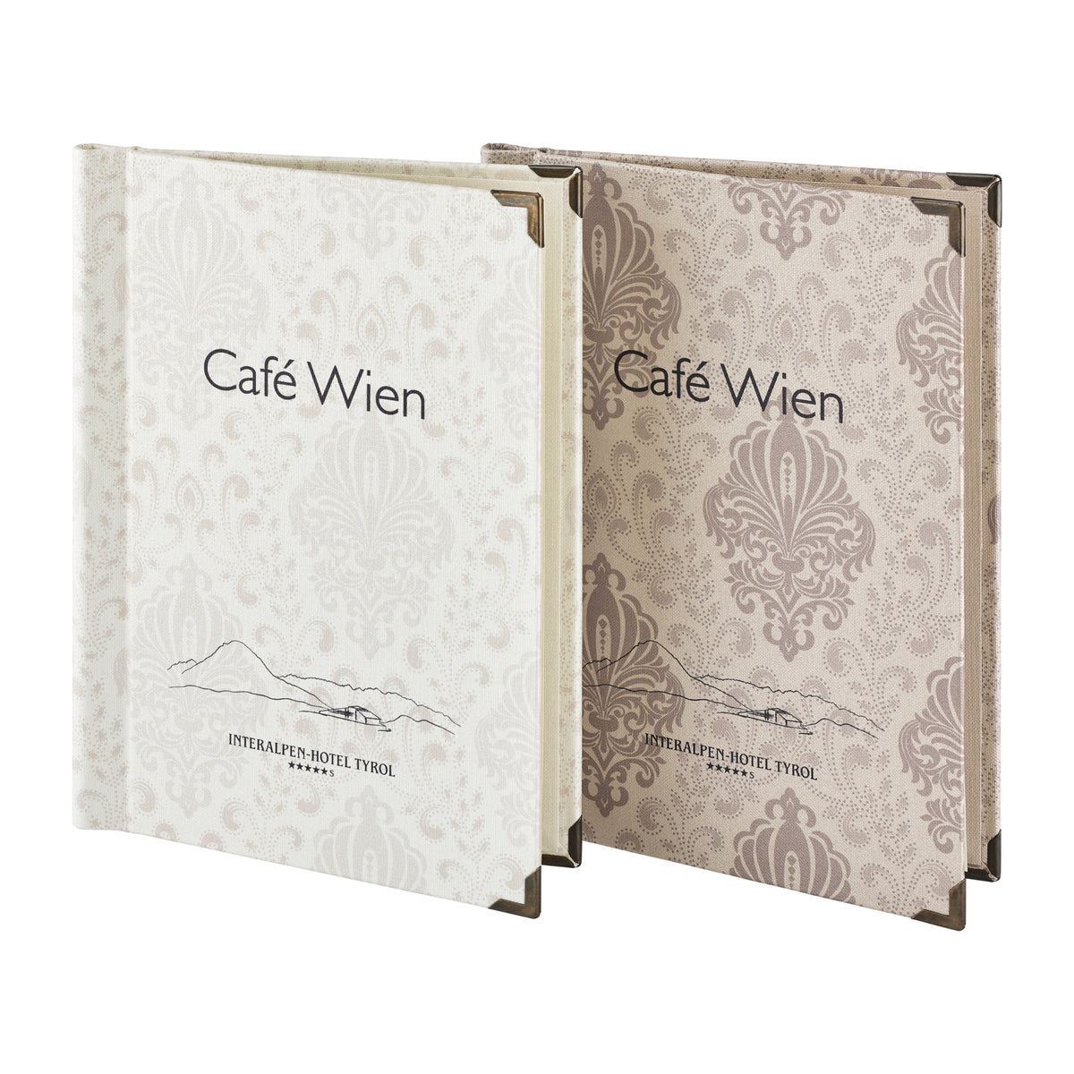 Klemmkarten aus Buchleinen in A5 mit UV Druck. Von Reischl Speisekarten, Manufaktur und Hersteller für Gastronomie seit 1891.