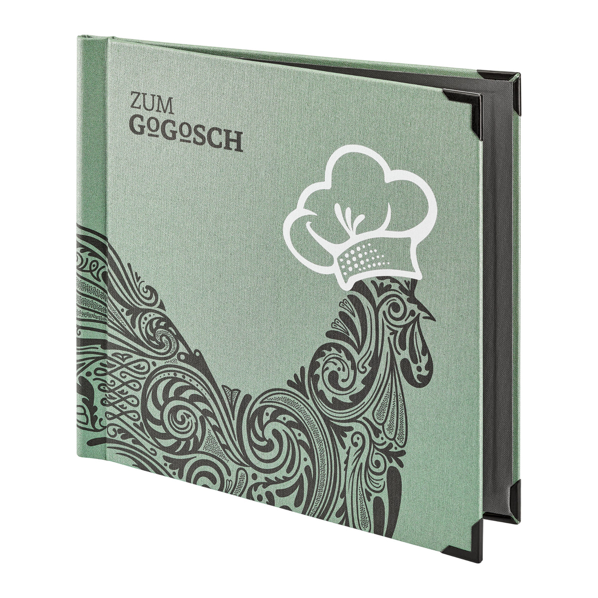 Klemmkarte aus Buchleinen mit UV Druck und Metall Ecken. Von Reischl Speisekarten, Manufaktur und Hersteller für Gastronomie seit 1891.