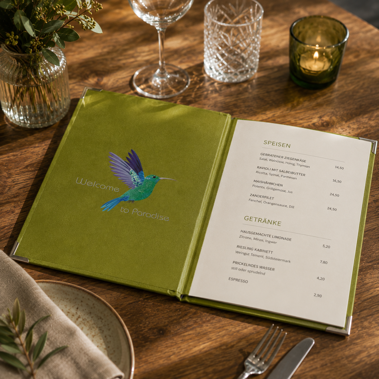 Geöffnete Speisekarte aus Buchleinen in der Farbe Kiwi mit UV-Druck auf einem Restauranttisch