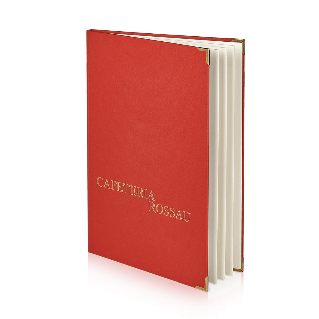 Speisekarte Librette aus Buchleinen in der Farbe Cherry mit goldner Prägung auf der Vorderseite