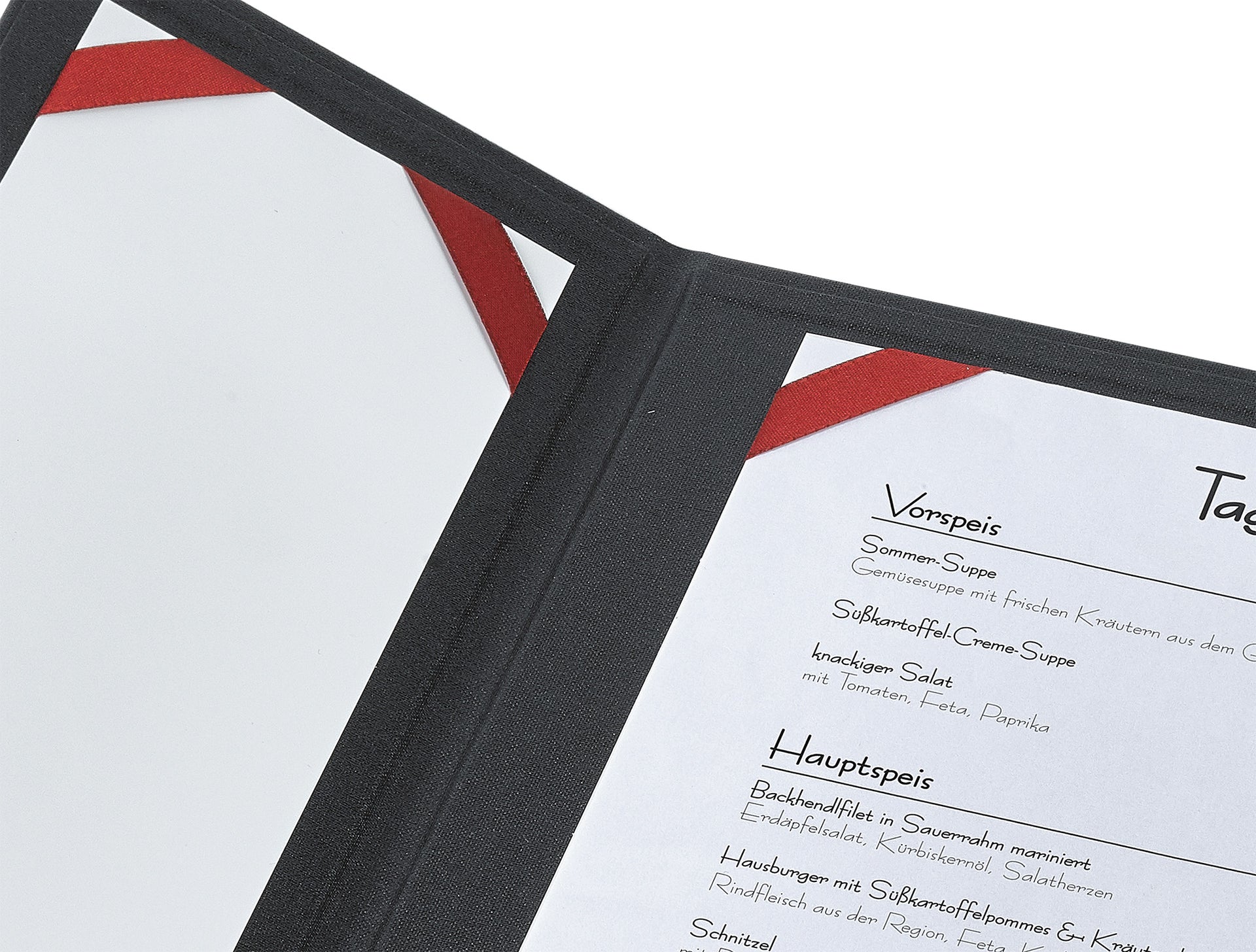 Detailansicht einer geöffneten Speisekarte Ouvertüre aus Buchleinen in der Farbe Lava mit Seidenbandstecksystem in der Farbe Rot