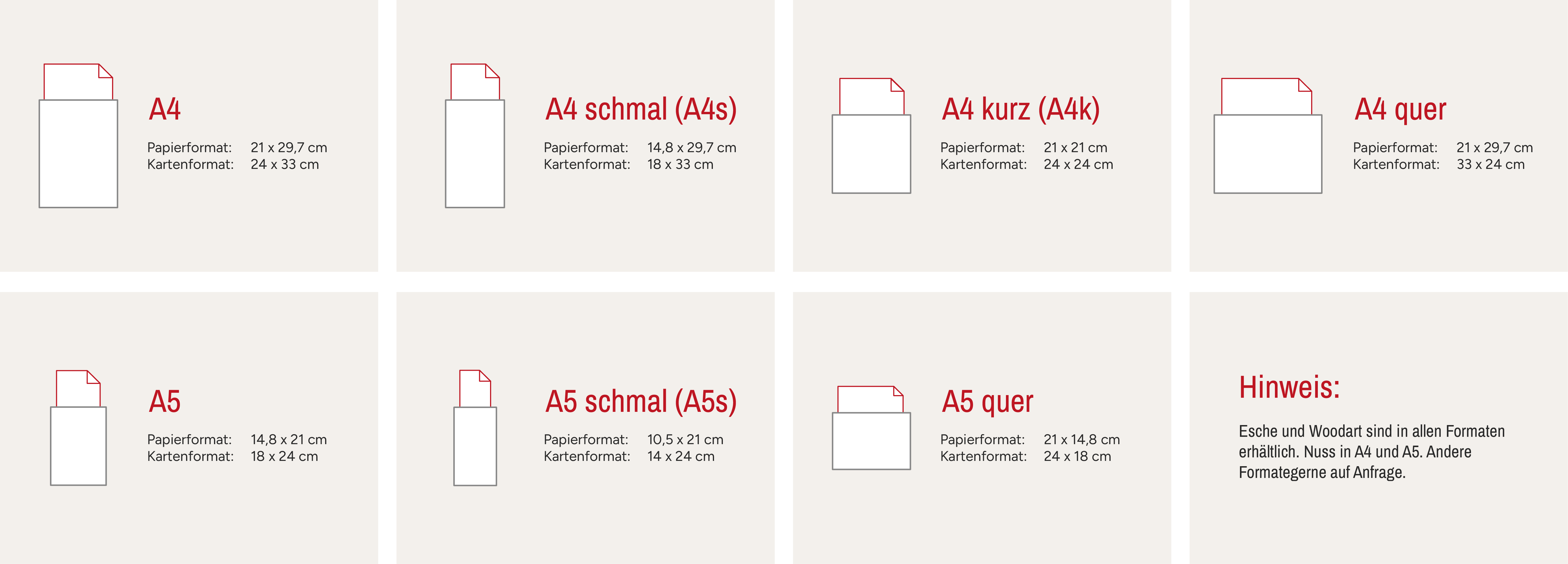 Übersicht der verfügbaren Formate für Speisekarten aus Holz