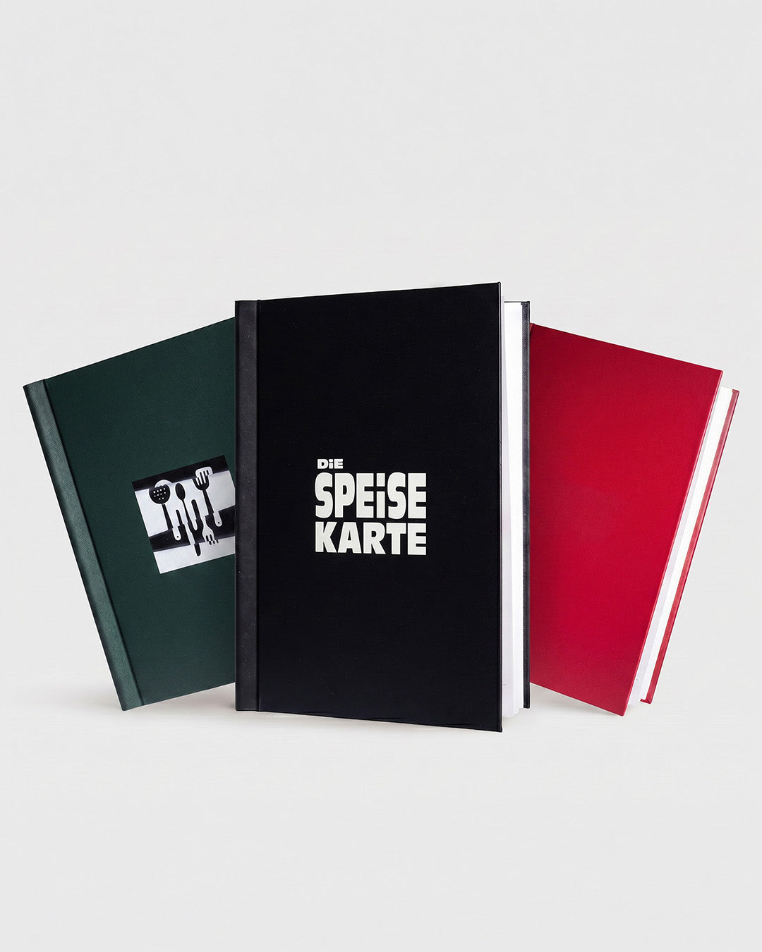 Auswahl verschiedener Speisekarten aus Buchleinen in verschiedenen Farben und Ausführungen